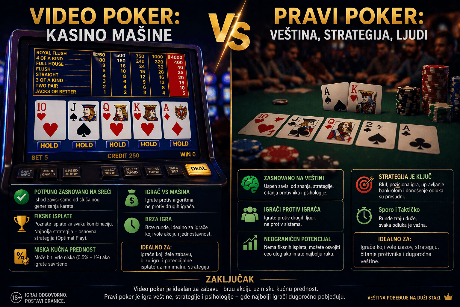 Video poker: kazino mašine vs pravi poker, ključne razlike i strategije