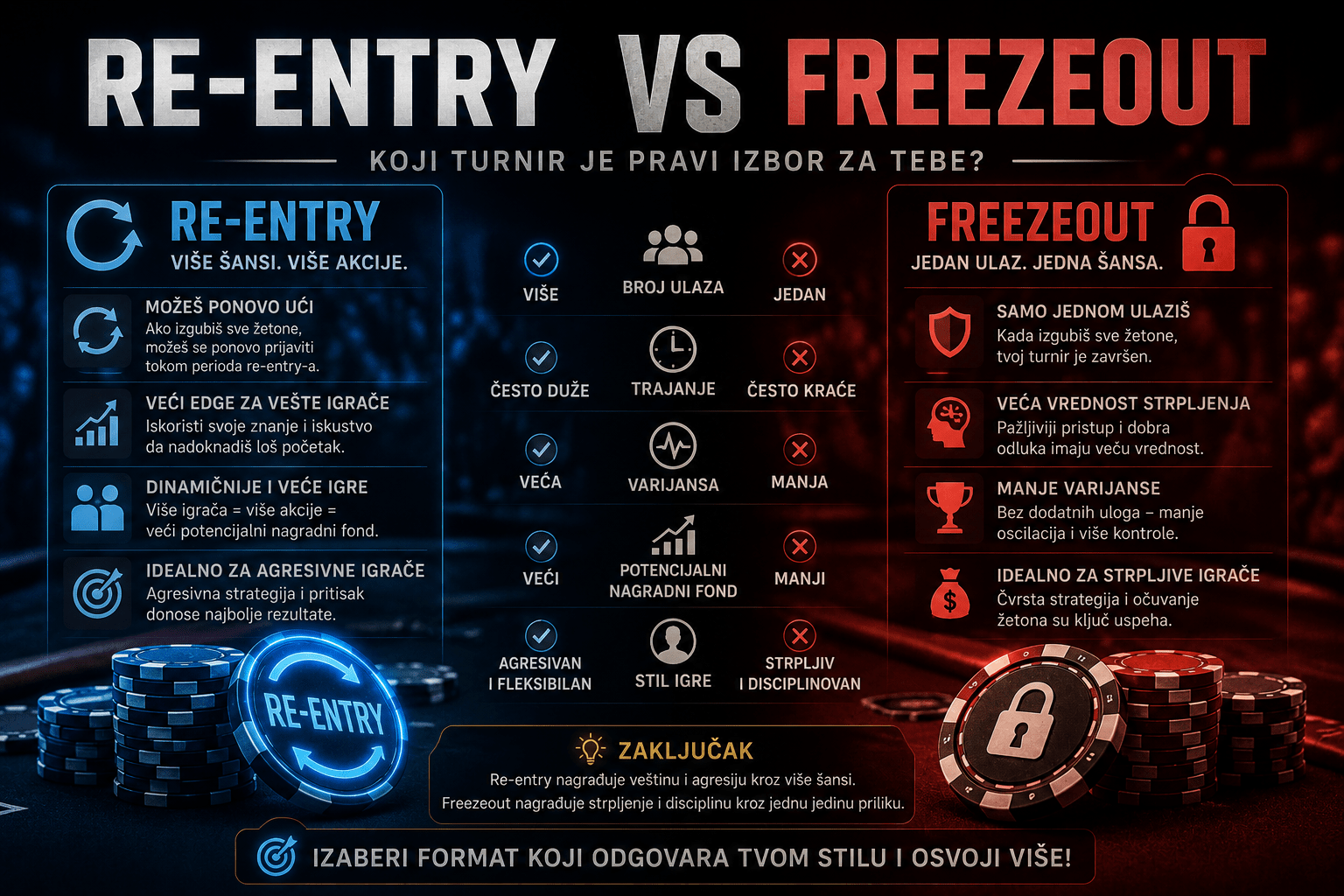 Re-entry vs freezeout turniri: kompletan vodič za izbor prave MTT strategije